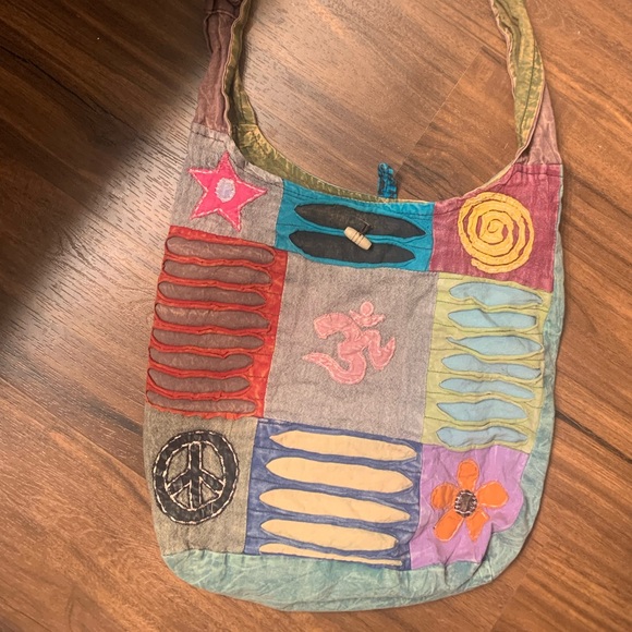 Boho tote with peace ☮️ sign, om symbol, other designs VINTAGE, no maker mark - Picture 10 of 11